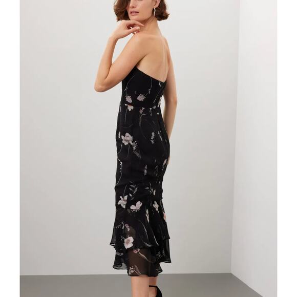 Katie May Black Floral Bustier Midi Dress LARGE Chiffon Strapless Cocktail $365 - Picture 1 of 9